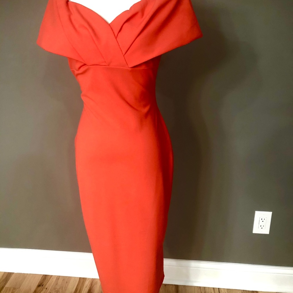 Coral midi off the shoulder dress